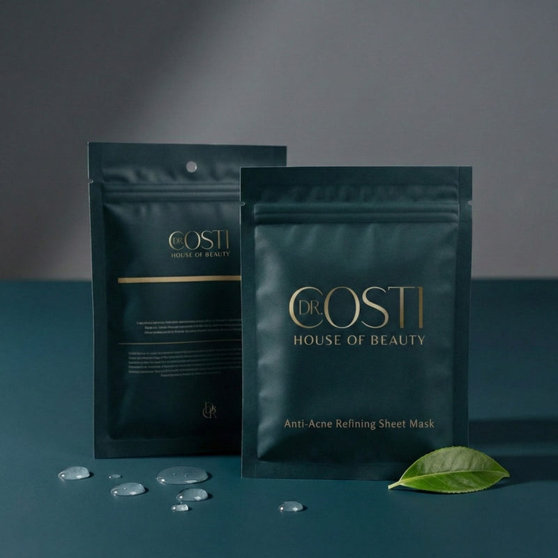 Two Dr. Costi sheet masks on a dark surface with a leaf and water droplets.