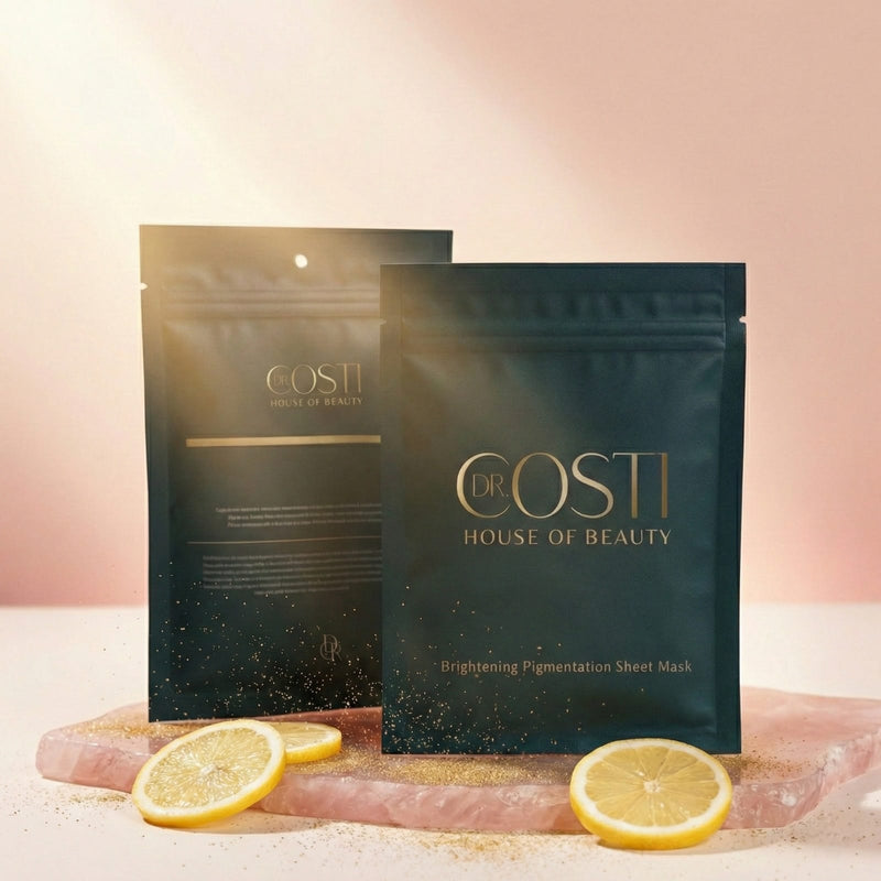 Two Dr. Costi sheet masks on a wooden board with lemon slices on a gradient background