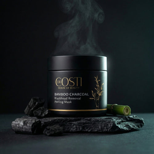 Black container of Dr. Costi Bamboo Charcoal Mask with bamboo and charcoal on a dark background