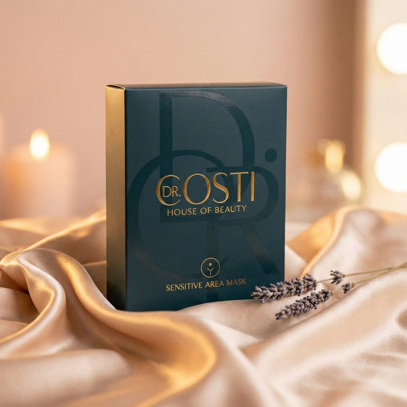 Dr. Costi sensitive area mask packaging on a soft fabric background with lavender.